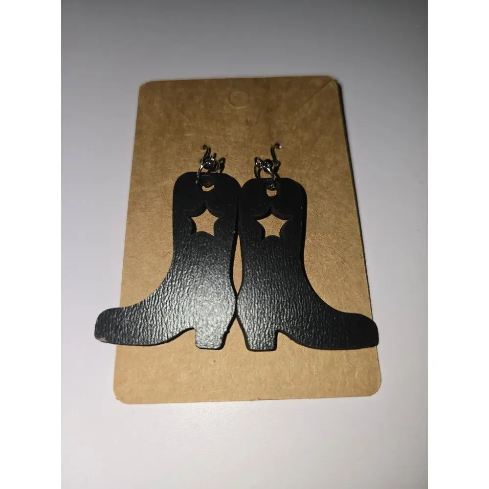 Cowgirl boots earrings black wooden laser cut hook earrings - Picture 2 of 4